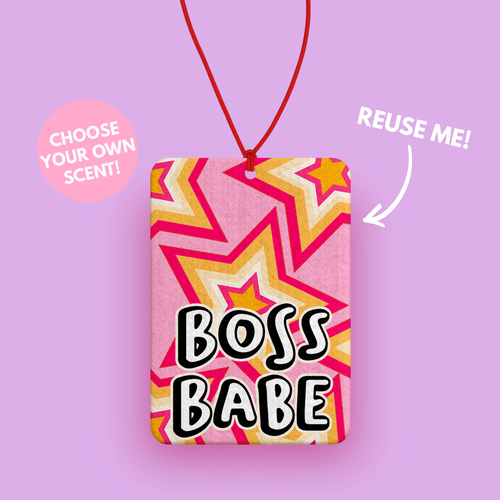 BOSS BABE CAR AIR FRESHENER A PINK AND YELLOW CAR AIR FRESHSNER WITH THE TEXT BOSS BABE - Perfect gift for your female boss, team leader or superviser - best boss gifts