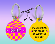 Load image into Gallery viewer, Hot Pink and yellow Checker Board personalised Pet ID Name Tag