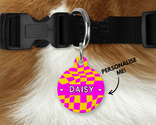 Hot Pink and yellow Checker Board personalised Pet ID Name Tag