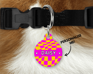 Hot Pink and yellow Checker Board personalised Pet ID Name Tag