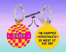 Load image into Gallery viewer, Hot Pink and yellow Checker Board personalised Pet ID Name Tag