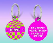 Load image into Gallery viewer, Lime green and Hot Pink Checker Board personalised Pet ID Name Tag