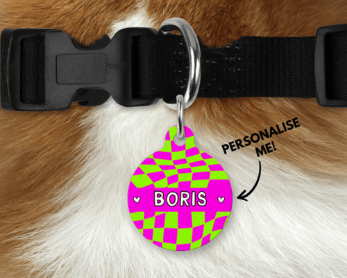 Lime green and Hot Pink Checker Board personalised Pet ID Name Tag