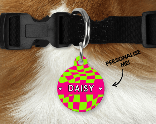 Lime green and Hot Pink Checker Board personalised Pet ID Name Tag