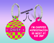 Load image into Gallery viewer, Lime green and Hot Pink Checker Board personalised Pet ID Name Tag