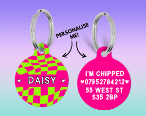 Lime green and Hot Pink Checker Board personalised Pet ID Name Tag