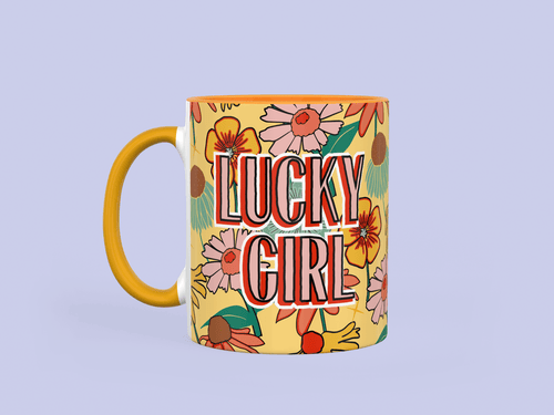 Lucky Girl syndrome Mug - Yellow floral Lucky Girl Mug - 70s Floral Yellow Happy Mug