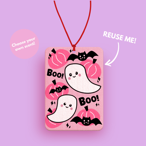 Pink Spooky Ghost Bats and Pumpkins Car air freshener for Halloween