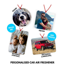 Load image into Gallery viewer, Personalised car air freshener - custom photo air freshener - photo air freshener - secret Santa gift for him - New car gift mirror hanging