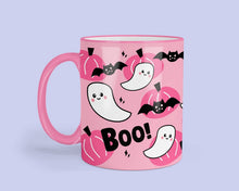 Load image into Gallery viewer, Pink Halloween Mug - Cute pink Halloween Cup - Spooky Pink Pumpkin Ghost and Bat Mug - Cute Autumn mug - Cute coffee mug
