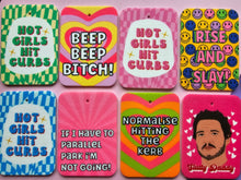 Load image into Gallery viewer, Normalise hitting the curb reusable Car Air freshener - Funny car accessory - New bad driver gifts - Retro Car accessories - Just Passed