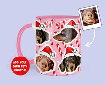 Load image into Gallery viewer, Personalised christmas mug with your own pets faces - candy cane christmas mug with custom photo's