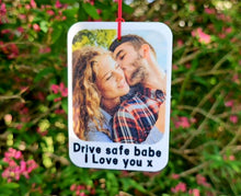 Load image into Gallery viewer, Personalised Photo Car Air Freshener, Double Sided with Text, Custom Scented car Freshener, Personalised car accessories for Him Her