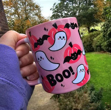 Load image into Gallery viewer, Pink Halloween Mug - Cute pink Halloween Cup - Spooky Pink Pumpkin Ghost and Bat Mug - Cute Autumn mug - Cute coffee mug