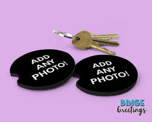 Load image into Gallery viewer, Personalised photo car coasters - custom photo car gifts for him or her - New driver gifts - car coasters with custom logo photos - interior