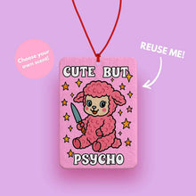 Load image into Gallery viewer, Pink vintage-style retro 50s Kitsch cute lamb car air freshener with “Cute but Psycho” quote, Pink and Girly car accessory for her