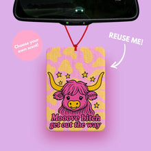 Load image into Gallery viewer, Funny Highland cow car air freshener with pink cow design and text Mooove Bitch Get Out The Way, cute girly car accessory, cow car decorations, pink cow gift, car mirror decor, funny cow gift for her, meme car decor, cute car aesthetic and reusable cow car accessory.