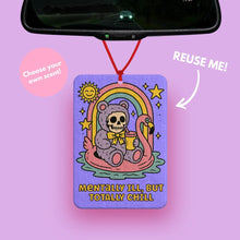 Load image into Gallery viewer, Funny anxiety Car Air Freshener – Mentally Ill But Totally Chill Meme Car Decor - Quirky purple Car accessory - Skull Skeleton Teddy