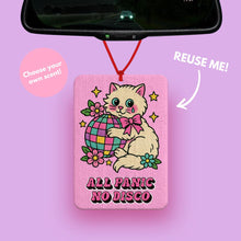 Load image into Gallery viewer, All Panic No Disco vintage cat car air freshener with retro pink cat holding disco ball, retro pink cat car accessories for mirror, cat car decorations, girly car accessory, funny anxiety gift, cute car aesthetic, cat car gifts, cat car-ornament, cat car interior decor, childless cat ladies car accessory, cat lovers car decor gifts, cute car accessori.