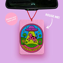 Load image into Gallery viewer, Pink cow alien abduction car air freshener hanging from rearview mirror, cute girly car accessory with funny UFO design, Beam Me Up cow abduction meme car decor, reusable cow car accessory, cute car aesthetic gift for her, pink cow gift and funny cow gift for car mirror decor.